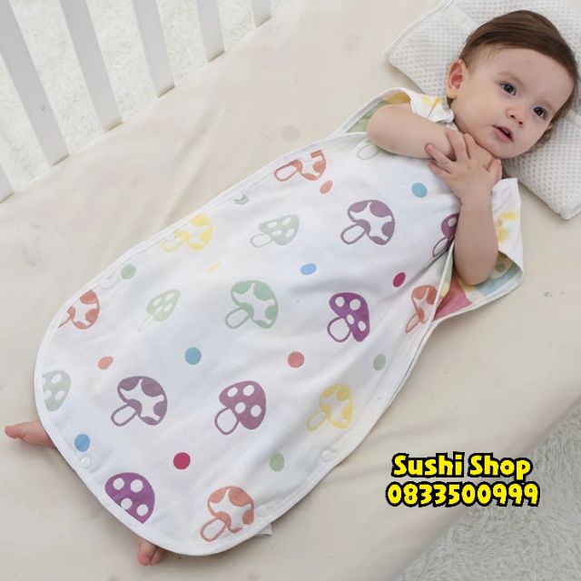 (FreeShip) Túi ngủ trẻ em Vải xô cotton hở tay, Áo ngủ cho bé