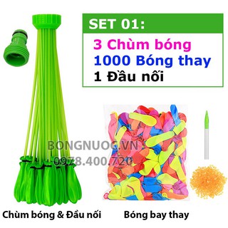 SET 1 gồm: 3 chùm bóng bay nước, 1000 bóng thay, 1 đầu nối (magic balloons)-có video thật