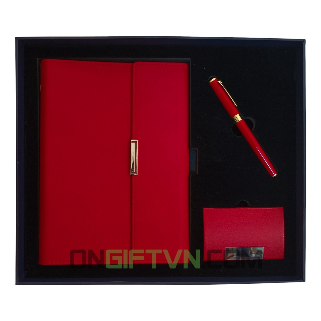 Bộ quà 3 món tặng sổ da Pu và bút ký cao cấp + hộp đựng danh thiếp da có hộp quà sang trọng khắc logo riêng theo yêu cầu