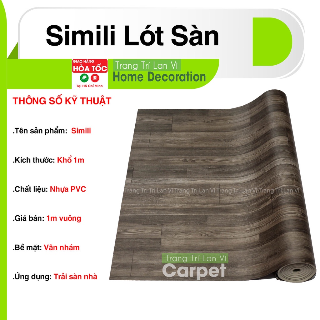 Simili lót sàn, thảm decor phòng giả gỗ xám đen thảm trải phòng chống nước nền nhựa pvc nhám khổ 1m