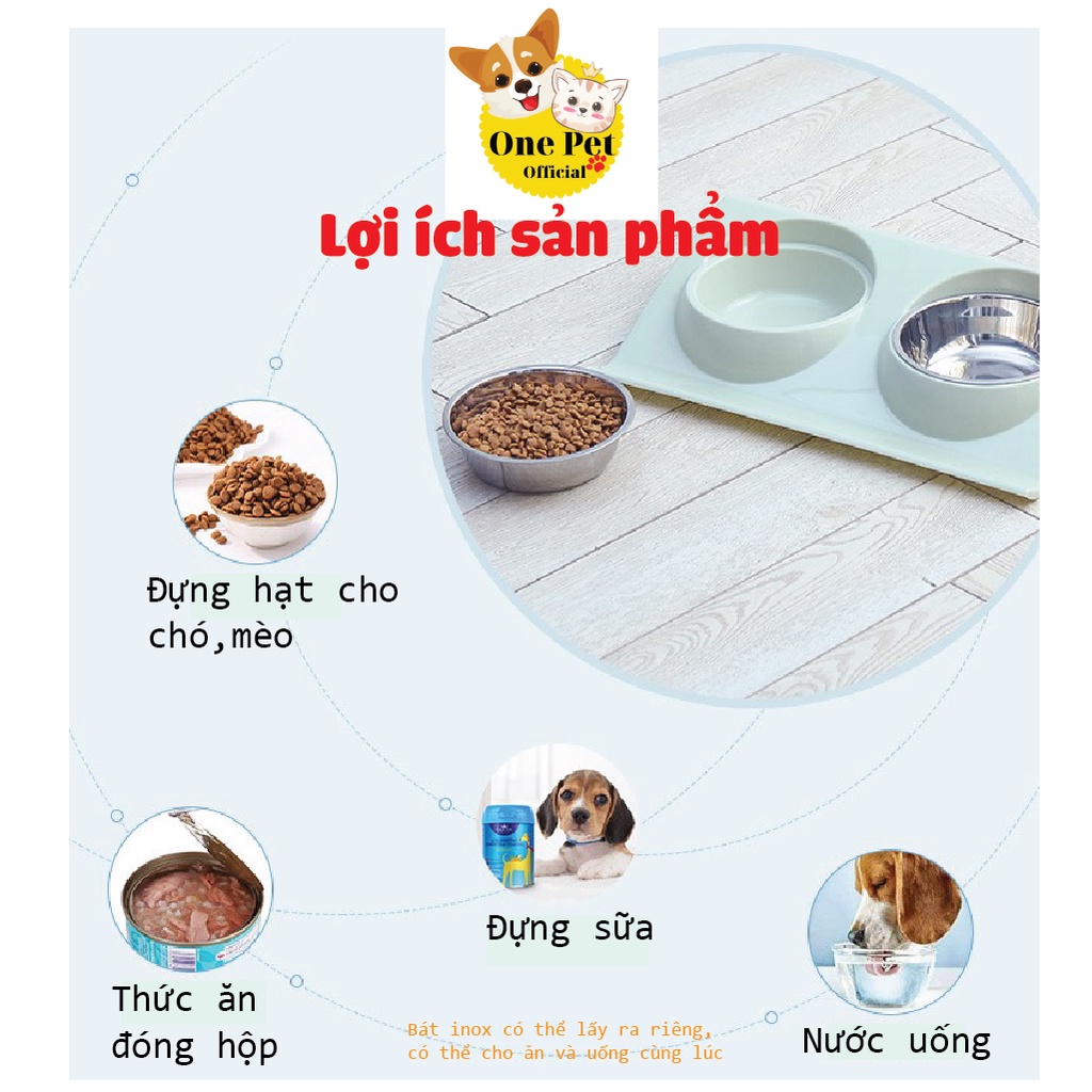 Bát ăn đôi cho Chó Mèo, tặng kèm 2 bát inox cao cấp, thiết kế nghiêng chống gù - One Pet Shop