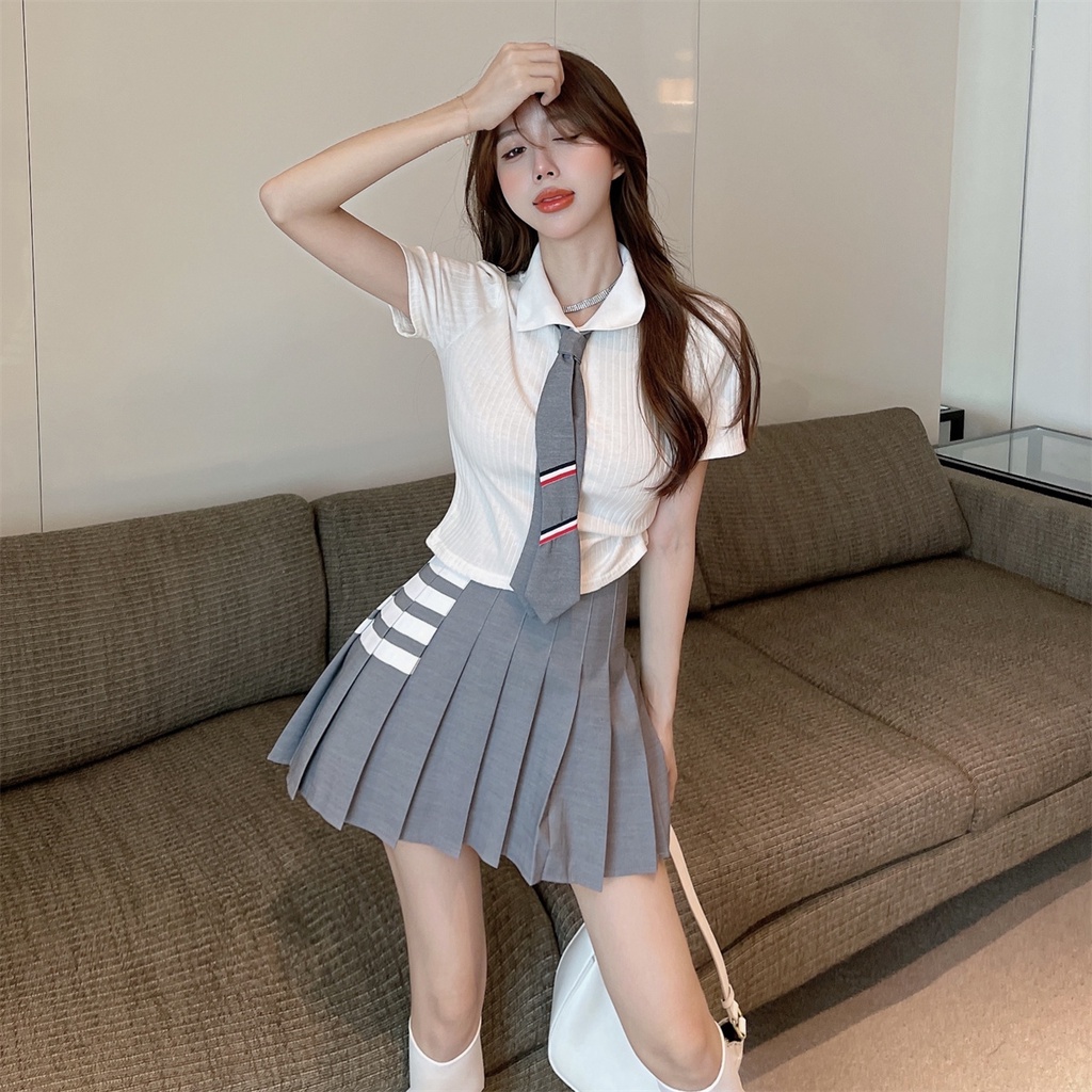 Set áo sơ mi croptop trắng tay ngắn kèm cà vạt xám sọc polo + váy lưng cao tennis xếp ly kẻ ngang ulzzang trẻ trung