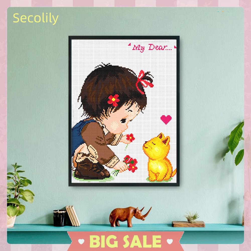 Tranh vải canvas thêu chữ thập hình bé gái và động vật dễ thương trang trí nhà ở 11Ct