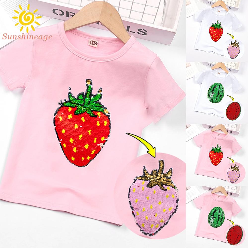 Áo Thun Ngắn Tay In Họa Tiết Đính Kim Sa Lấp Lánh Thời Trang Cho Bé Gái