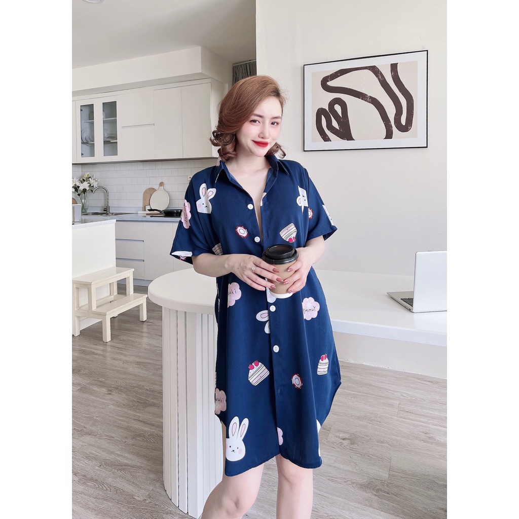 Váy ngủ sơ mi lụa bigsize sang trọng  đầm ngủ suông pizama TUTA  mặc nhà chất cao cấp thoáng mát