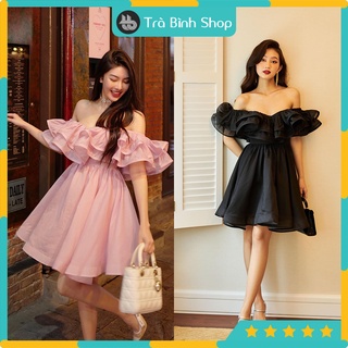 Đầm tơ bèo vai tầng 2 lớp bồng bềnh Váy trễ vai xòe quấn bèo siêu xinh