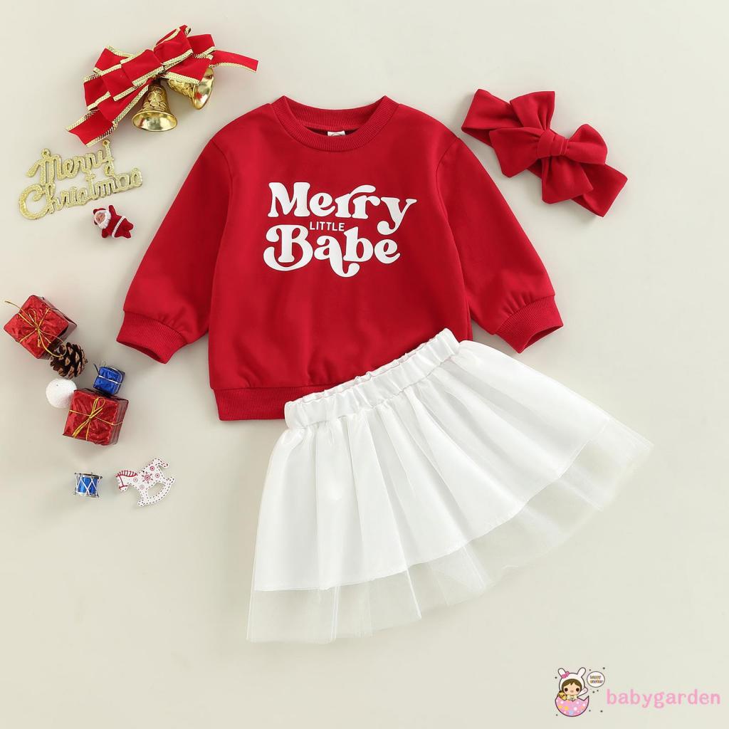 Set Đồ 3 Món Gồm Áo Cổ Tròn In Chữ + Váy Tulle + Băng Cài Đầu In Họa Tiết Giáng Sinh Cho Bé Gái 0-24 Tháng Tuổi