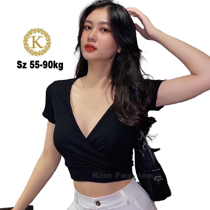 Áo Bigsize Croptop Tay Ngắn Kimfashion, Áo Thun Bigsize Co Giãn Vạc Chéo Ngực 60 - 90Kg At03