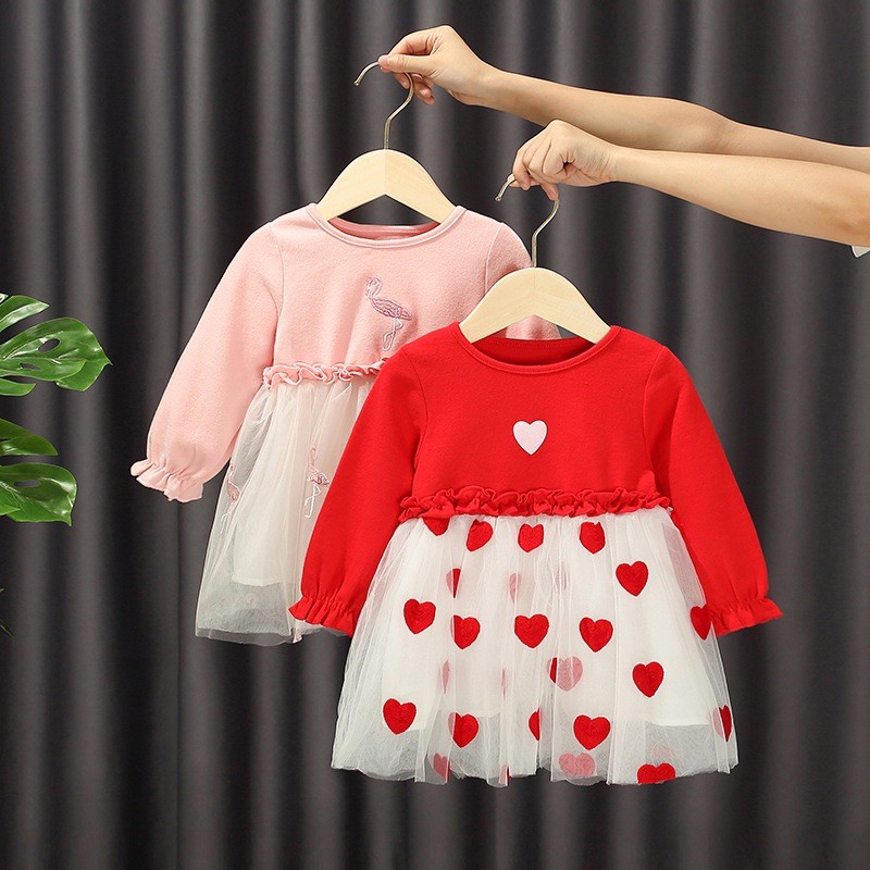 Váy cotton dài tay chân voan hồng hạc, trái tim đỏ 1-6Y