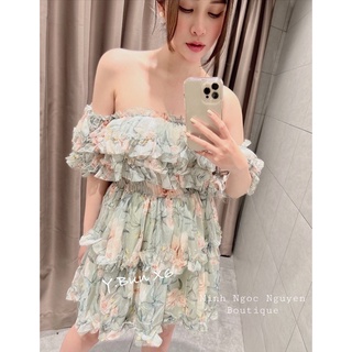 Váy hoa trễ vai hai lớp, chun eo