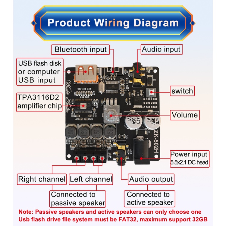 Mạch khuếch đại công suất 2.0 wuzhi ZK 502H, công suất 100W, bluetooth 5.0, aux in, aux out