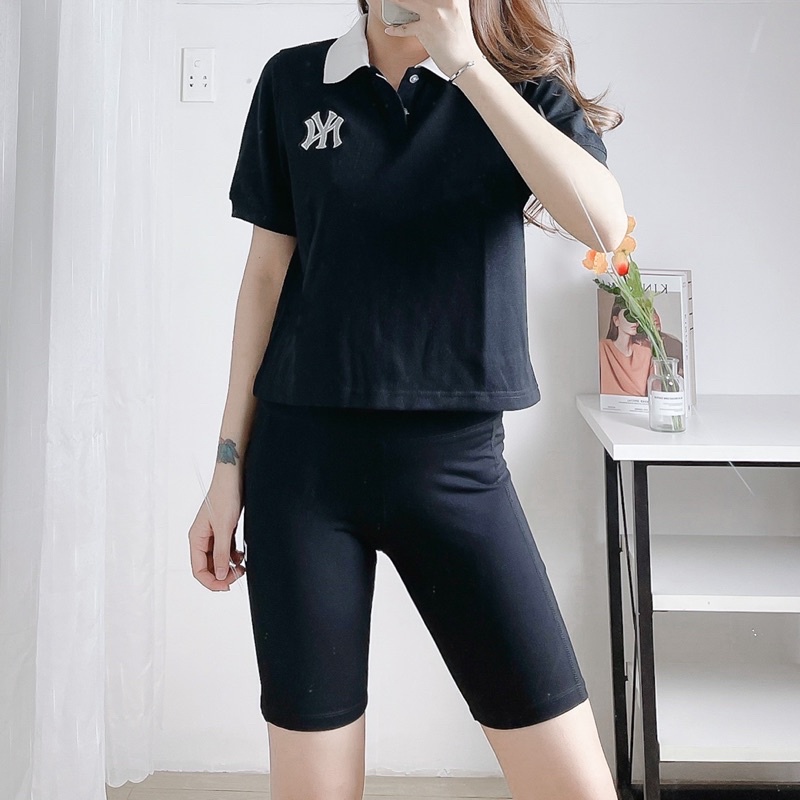 ÁO POLO N Y  NỮ CROPTOP ĐEN XANH