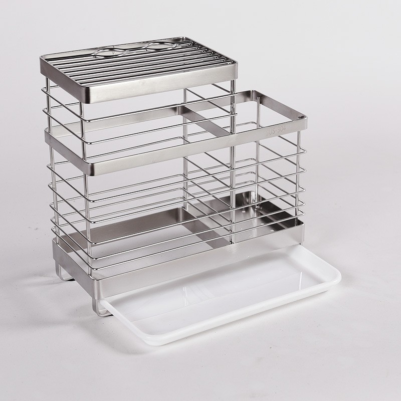 ( Hàng Cao Cấp ) Kệ Để Dao ,  Ống Đựng Đũa INOX SUS304 Phay Xước Có Khay Nhựa Hứng Nước ABS Màu Trắng