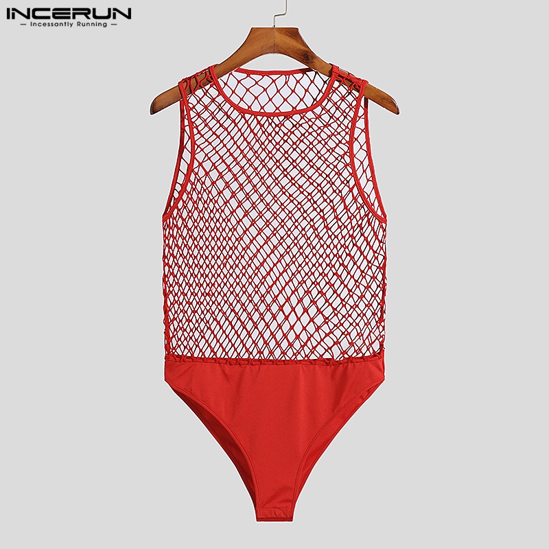 Áo lưới liền quần INCERUN xuyên thấu không tay gợi cảm cho nam