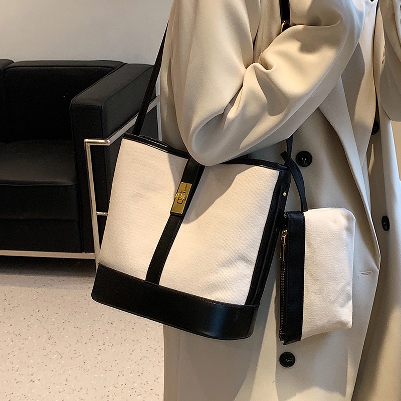 IELGY Women's Casual Colorblock Canvas Messenger Bucket Bag