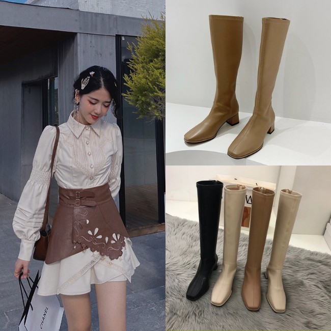 Giày boot mũi vuông dưới gối màu nâu GBMV-07CL