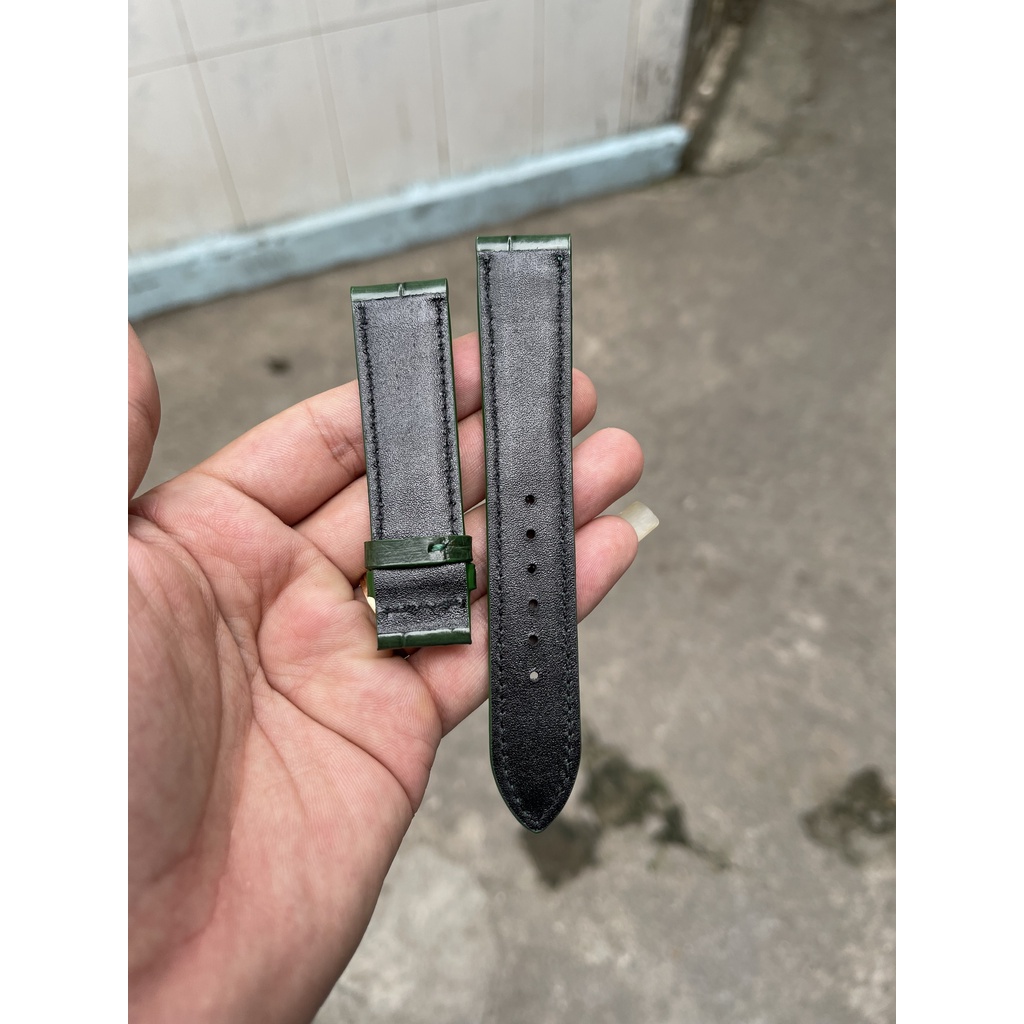 Dây Đồng Hồ Da Cá Sấu Thật Giá Rẻ Vân Đốt Tre, Màu Xanh Lá Size 18mm, 20mm, 22mm