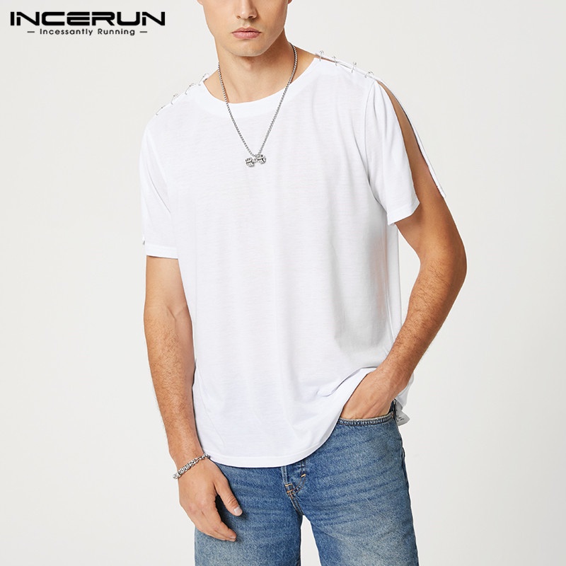 INCERUN Áo Thun Tay Ngắn Màu Trắng Thiết Kế Xẻ Tà Thời Trang Cho Nam