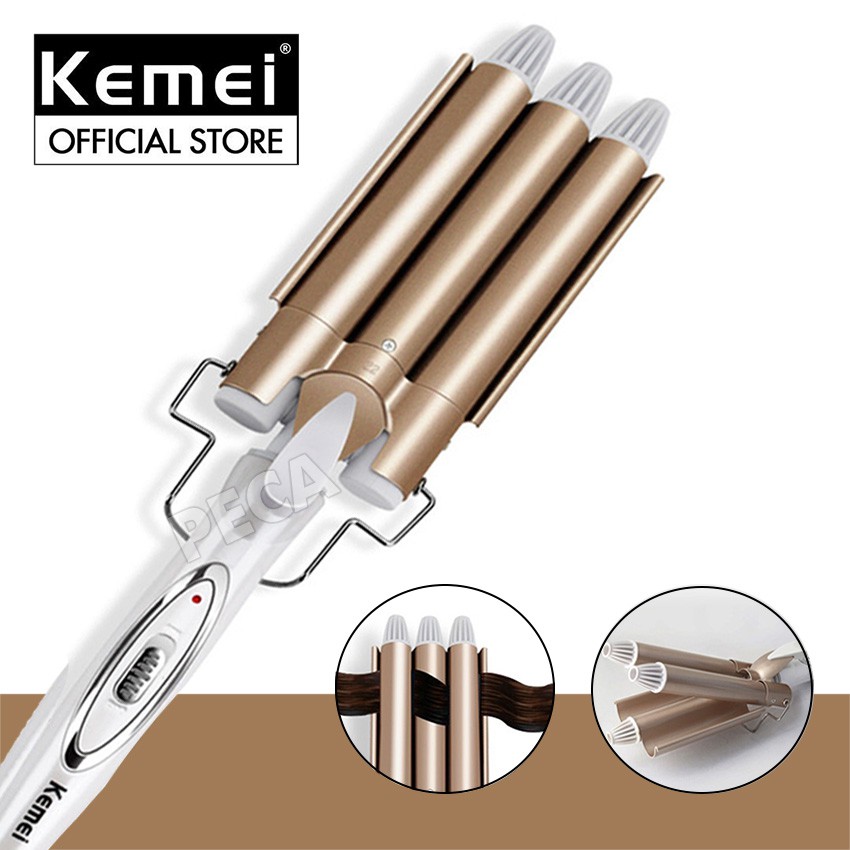 Máy uốn tóc chuyên nghiệp Kemei KM-1010 tiện lợi với 3 trục uốn dùng uốn xoăn,uốn lọn, gợn sóng