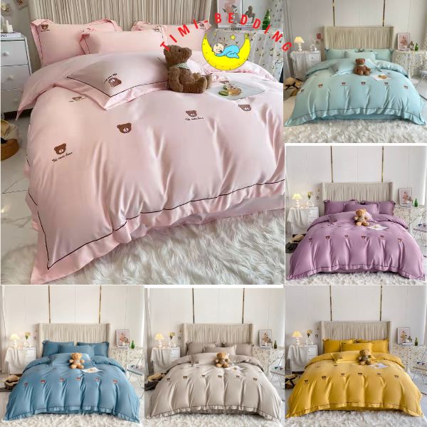 Bộ chăn ga gối lụa thêu gấu teddy bear cao cấp, nhập khẩu – Set ga gối lụa 4 món – Timibedding