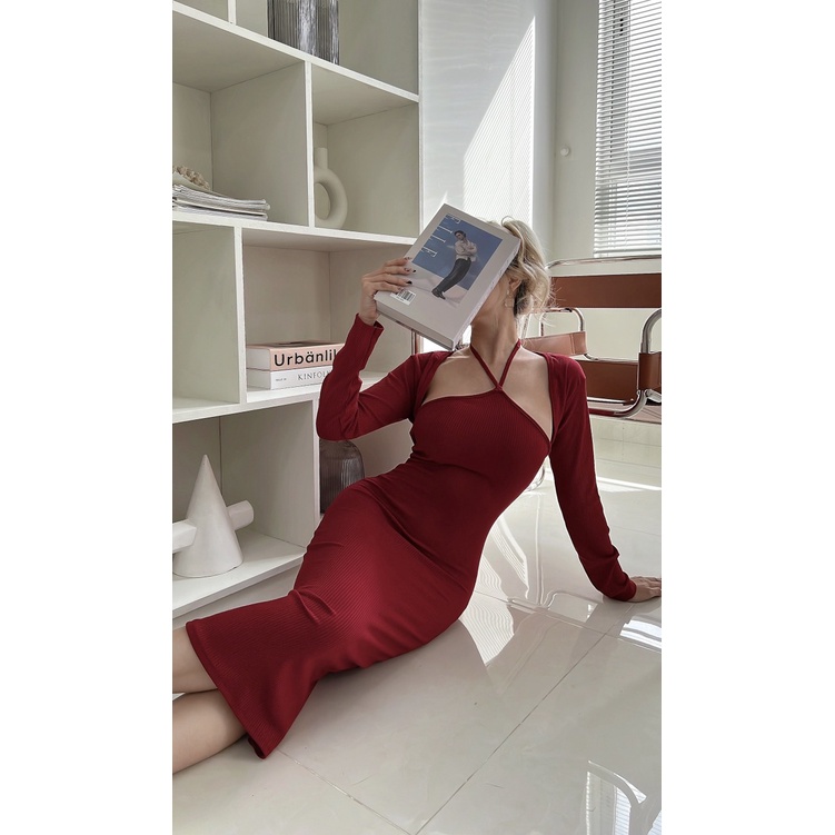 Đầm body sexy dây yếm kèm áo khoác ngoài . Đầm dáng ôm phối dây cột cổ chất liệu thun gân co giãn tốt thiết kế