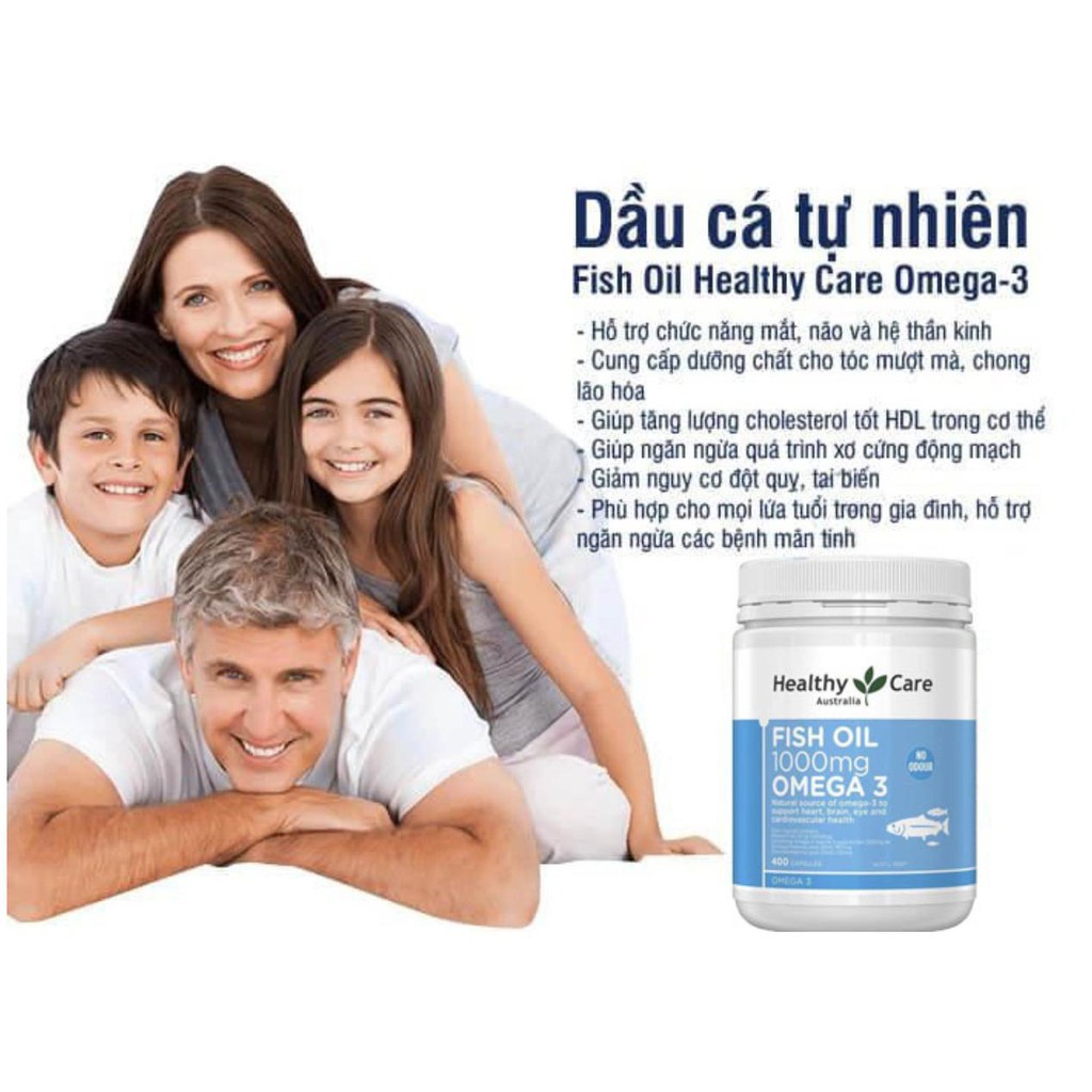 Viên dầu cá bổ sung DHA, tốt cho xương khớp cho người từ 6 tuổi trở lên Healthy Care Fish Oil Omega-3 1000mg, Úc