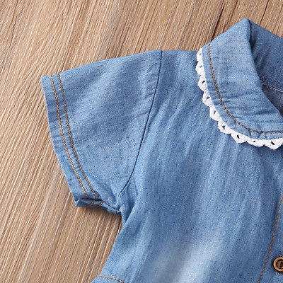 Áo đầm tay ngắn in hoa denim phối cột nơ cho bé gái