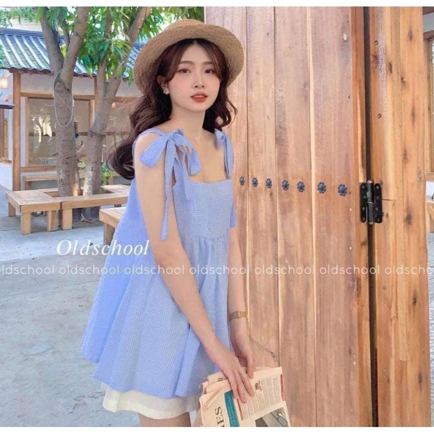 [RẺ VÔ ĐỊCH] Sét đồ nữ gồm áo babydoll nữ caro xanh+ quần đũi trắng