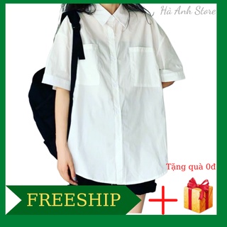 Áo sơ mi nữ đi học, áo sơ mi cộc tay fom oversize màu trắng, áo sơ mi túi hộp ngắn tay giá học sinh sinh viên