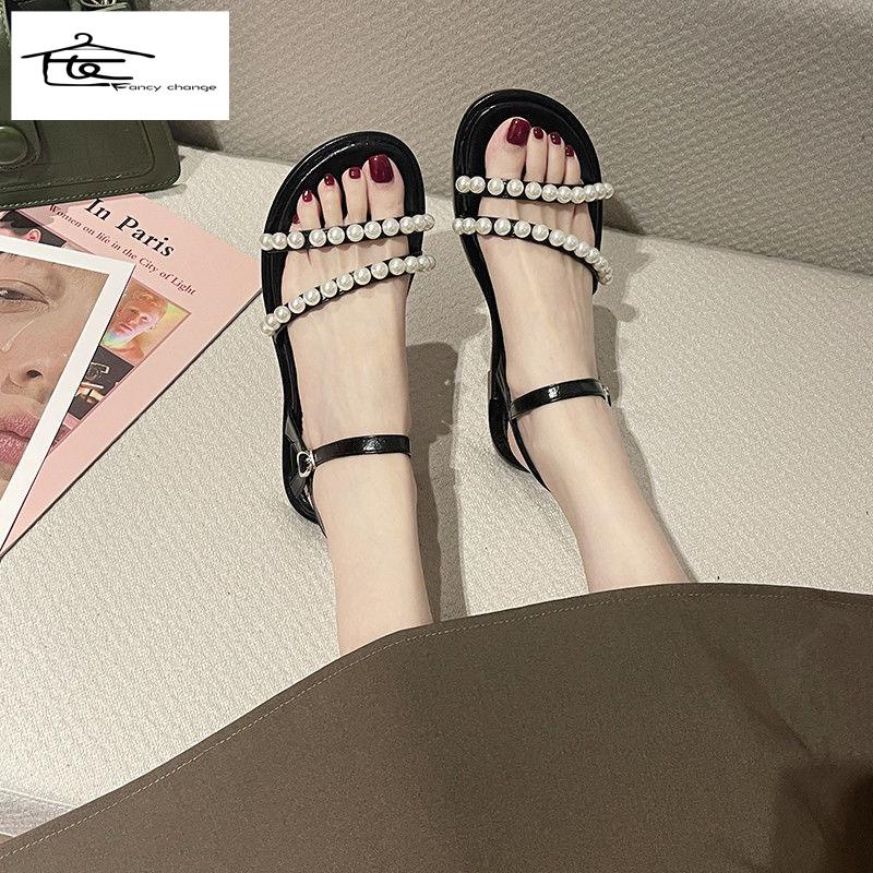 Giày Sandal Đế Bệt 2022 Đính Ngọc Trai Phong Cách La Mã Thời Trang Mùa Hè Hàng Mới Cho Nữ