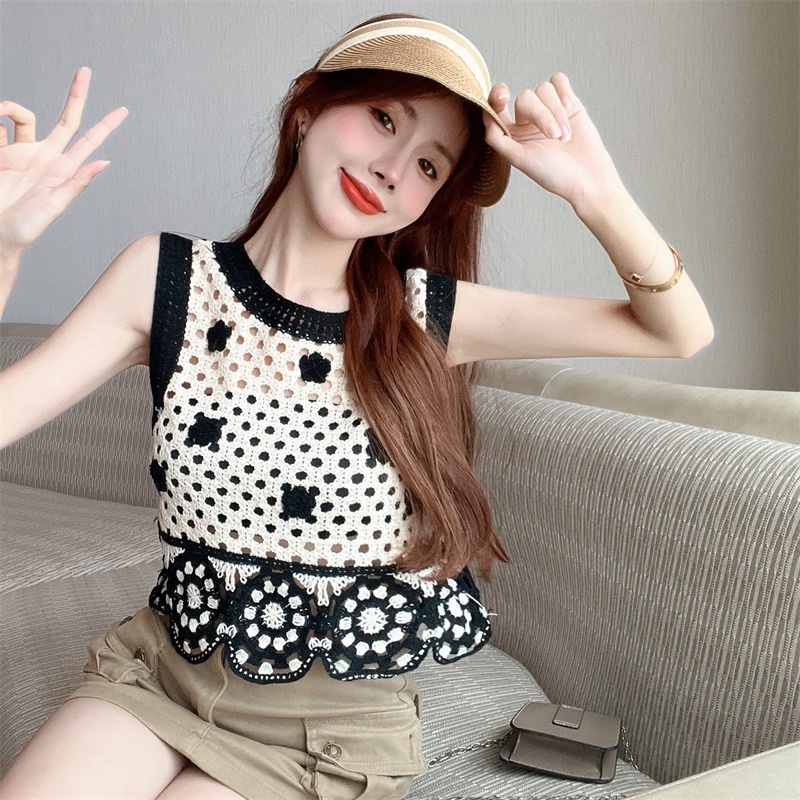 Áo croptop ZHELIHANGFEI dệt kim sát nách thêu hoa quyến rũ hợp thời trang