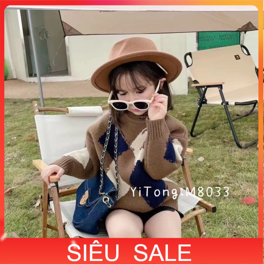 Áo len bé gái Quảng Châu 4-10 tuổi hình quả trám phối màu, Áo len lông cừu cho bé phong cách Hàn Quốc đanh sợi