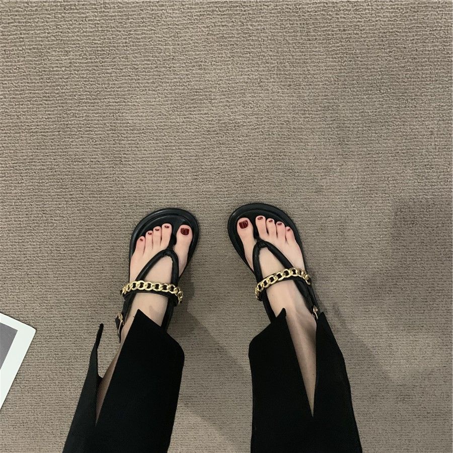 Xăng đan Hở Ngón Đế Bằng Phối Dây Xích Thời Trang Mùa Hè Pháp Cho Nữ