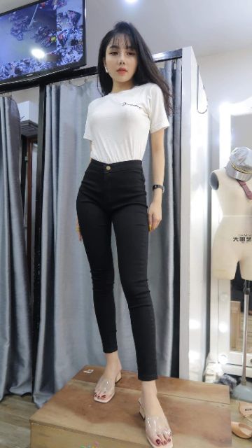 Quần bò giấy nữ ống ôm lưng cao co giãn chất skinny | BigBuy360 - bigbuy360.vn