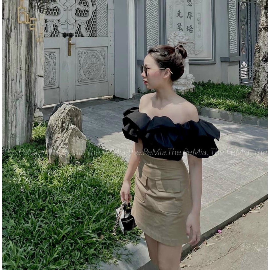 SET ÁO BẸT VAI ĐEN BÈO + CHÂN VÁY TÚI NẮP KEM