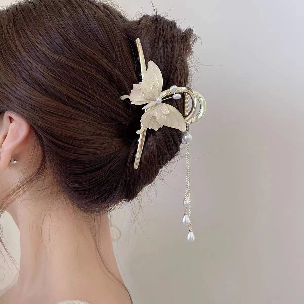 Kẹp Tóc Kim Loại Hình Cá Mập / Hoa Đính Đá Phối Tua Rua Dài Sang Trọng Phong Cách Hàn Quốc