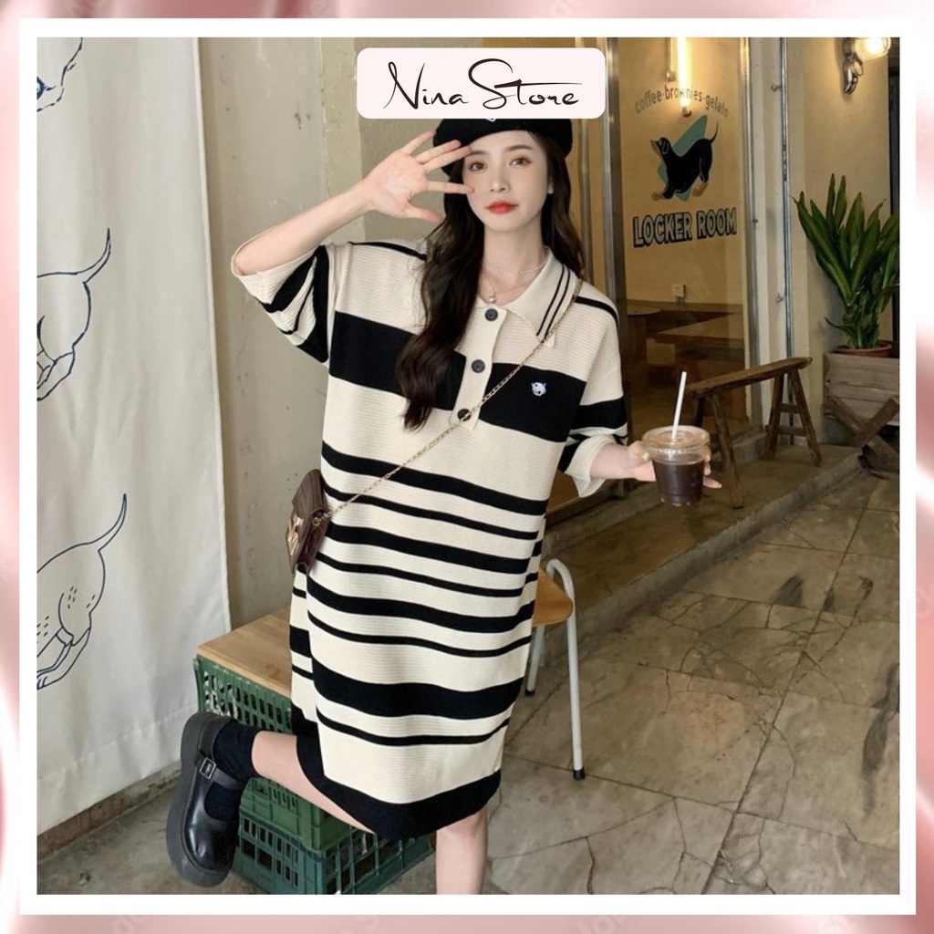 Đầm polo nữ len dệt kim tay ngắn dáng suông họa tiết kẻ ngang NinaStore hàng quảng châu cao cấp