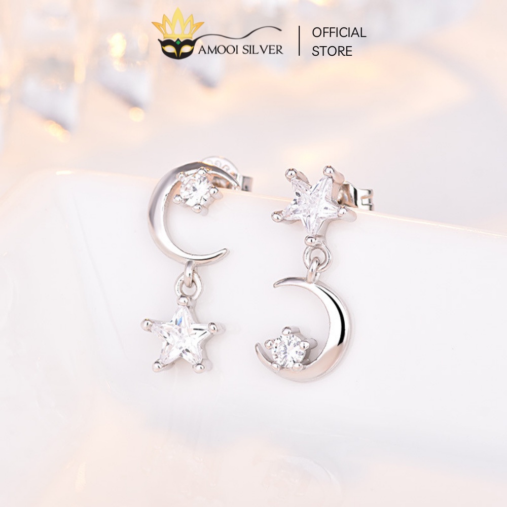 Bông Tai Bạc S925 Thiết Kế Hình Trăng Sao Bất Đối Xứng - Amooi Silver AB58