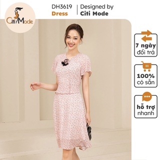 Đầm xòe peplum hồng hoa nhí công sở CITI MODE cổ V tay ngắn chất Voan cao cấp DH3619