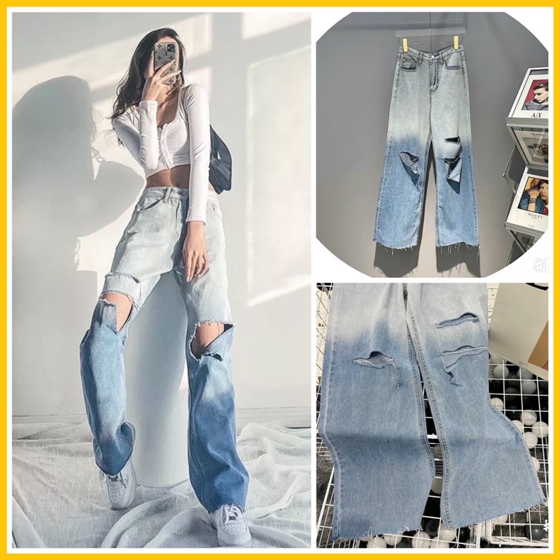 (H.N.M) Quần jean nữ ống rộng loang màu xanh nhạt rách sọc 2 bên kiểu dáng trẻ trung thời trang hot trend