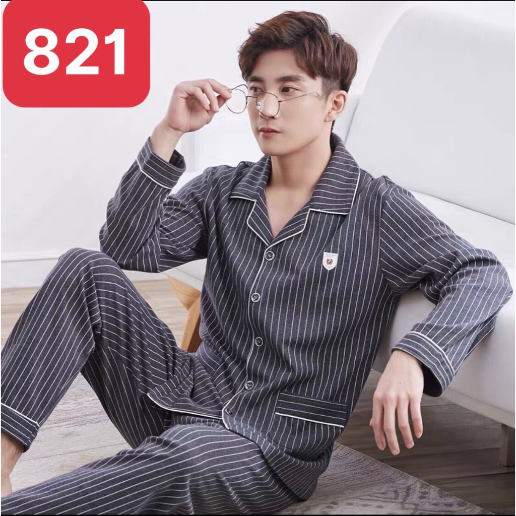 Đồ mặc nhà dài tay nam mã 821 chất cotton 100% - Đồ bộ Pijama nam cổ V (Hàng có sẵn + Video tự quay)