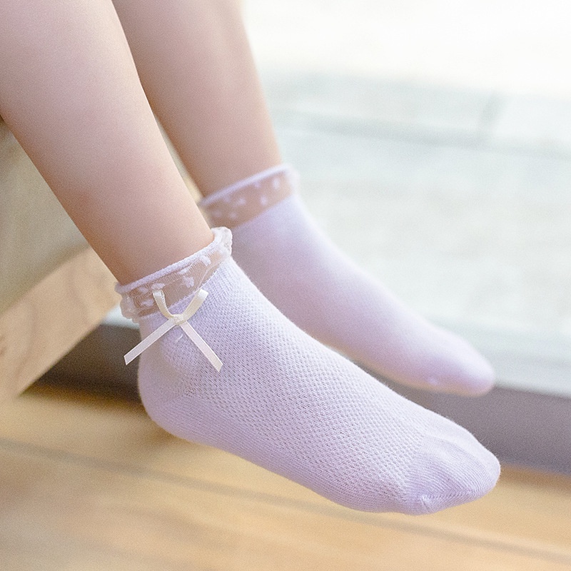 Vớ Cotton Lưới Mỏng Thấm Hút Mồ Hôi Thoáng Khí Đính Nơ Dễ Thương Cho Bé Gái 3-12 Tuổi