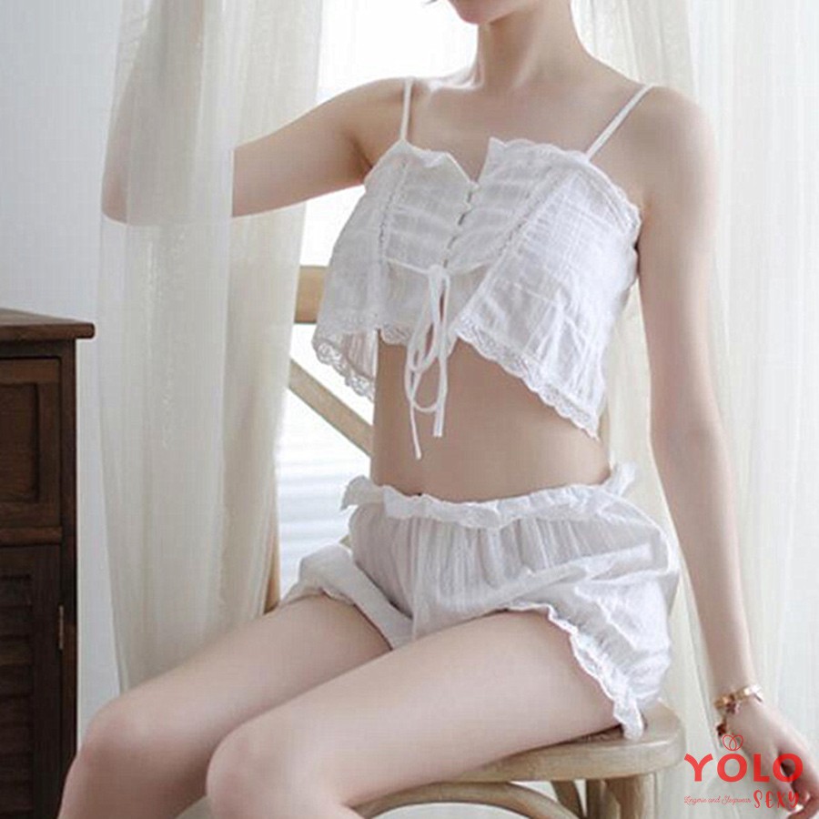 Bộ đồ ngủ nữ gợi cảm hai dây màu trắng thô đũi - Đồ ngủ sexy nữ YL05 | BigBuy360 - bigbuy360.vn