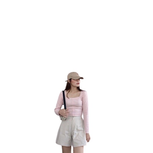 Áo Croptop Tay Dài Cổ Vuông MASSEC Áo Thun Gân Đính Ngọc GG2213