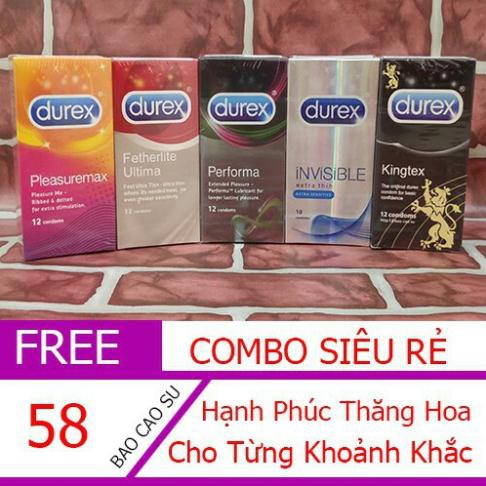 [Combo 5 Hộp] Bao Cao Su Durex Performa, Bcs Invisible, Bcs Pleasuremax, Bcs Kingtex Ôm Sát, Bcs Fetherlite (58 Cái)