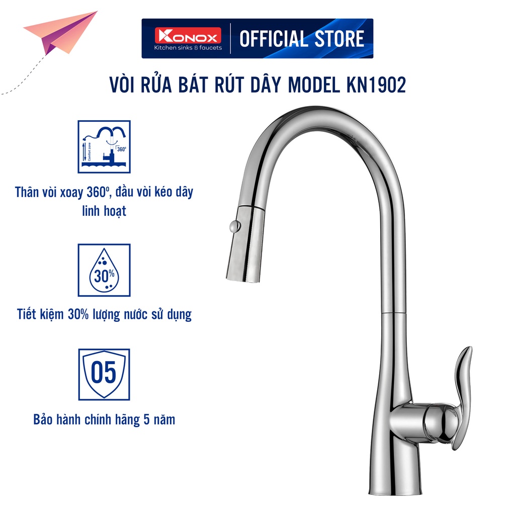 Vòi rửa bát rút dây KONOX KN1902  hợp kim đồng 61% tiêu chuẩn Châu Âu CW617N, bề mặt xử lý công nghệ
