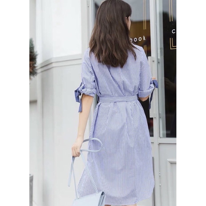 Đầm váy sơ mi sọc xanh tay nơ