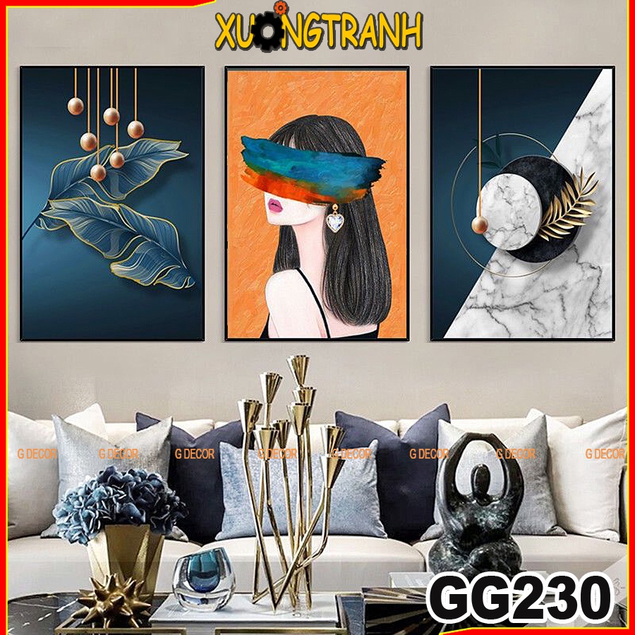 Tranh treo tường canvas 3 bức phong cách Bắc Âu 230, tranh cô gái trang trí phòng khách, phòng ngủ, phòng ăn, spa, store