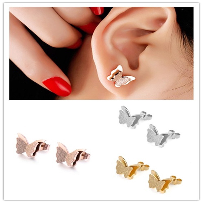 Khuyên tai hình bướm 3D bằng thép không gỉ dễ thương 3 màu sắc