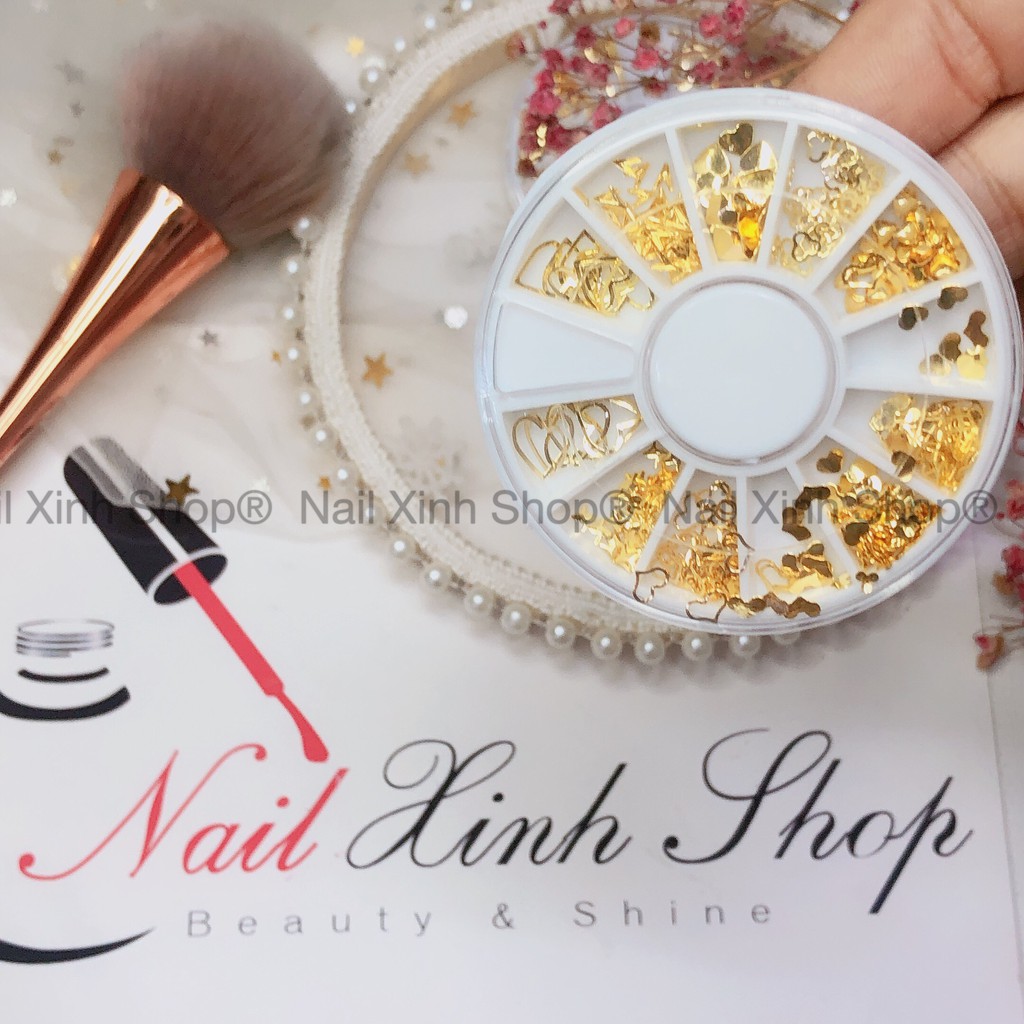 Khay tròn trang trí móng nail,charm nail, đá nail, phụ kiện nail art (phụ kiện mạ vàng)